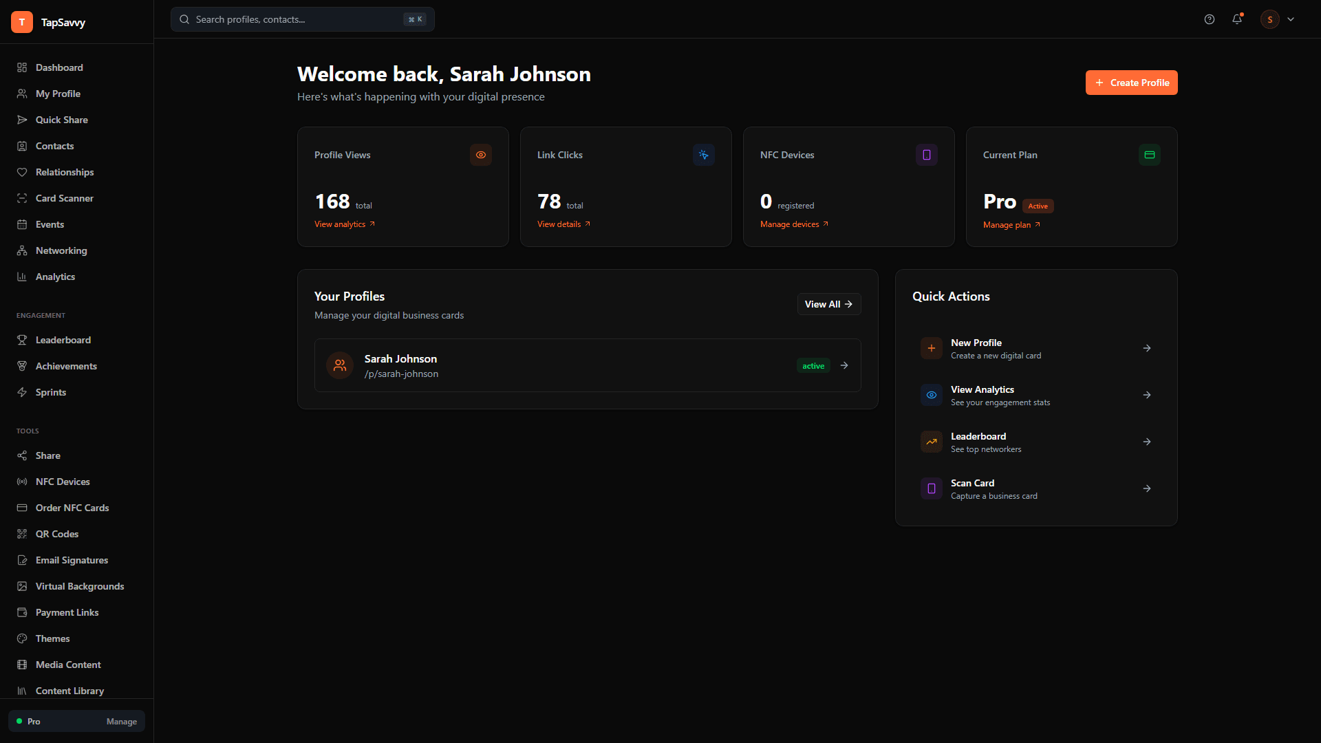 TapSavvy dashboard showing profile management, analytics, and quick actions