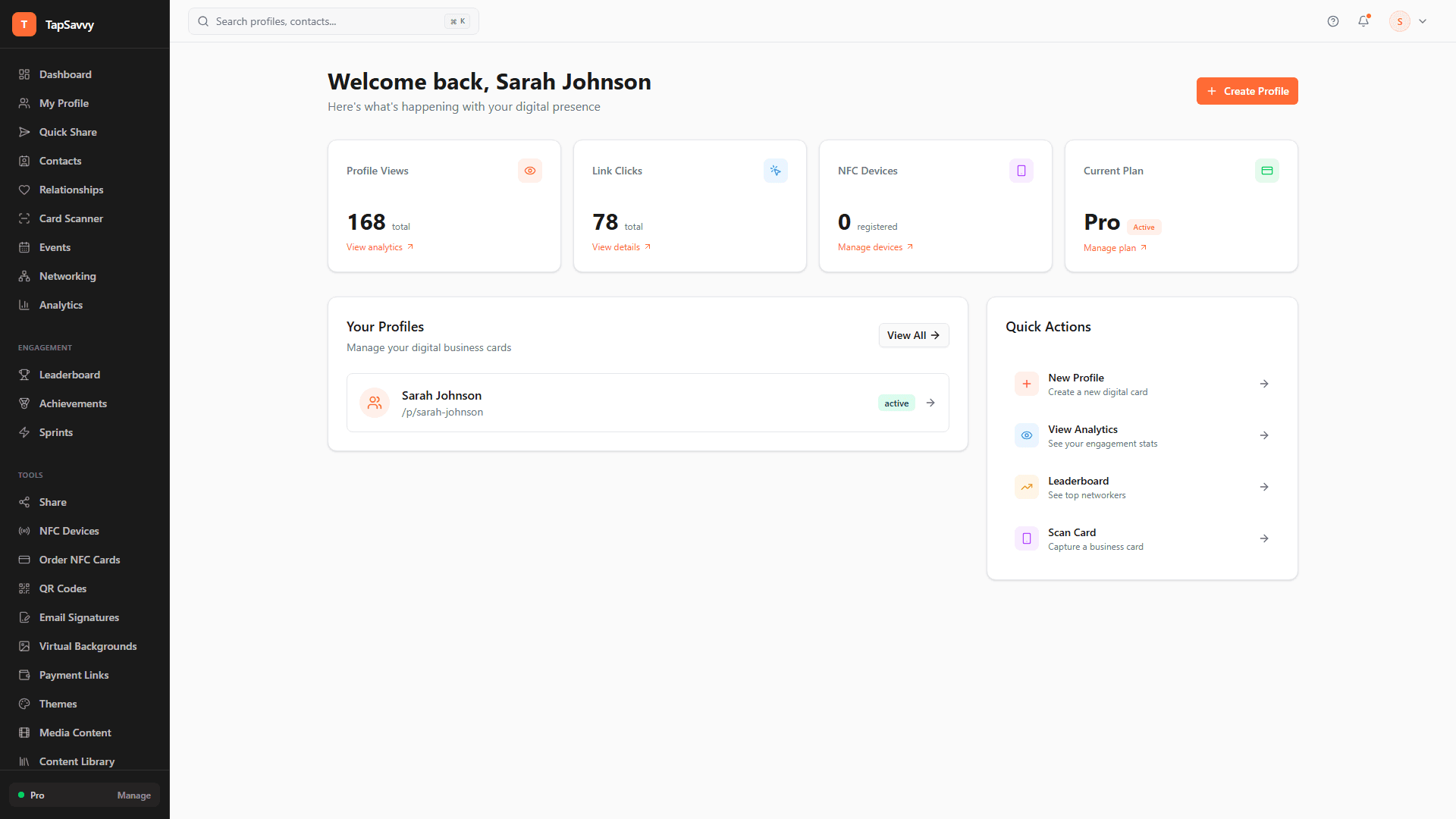 TapSavvy dashboard showing profile management, analytics, and quick actions