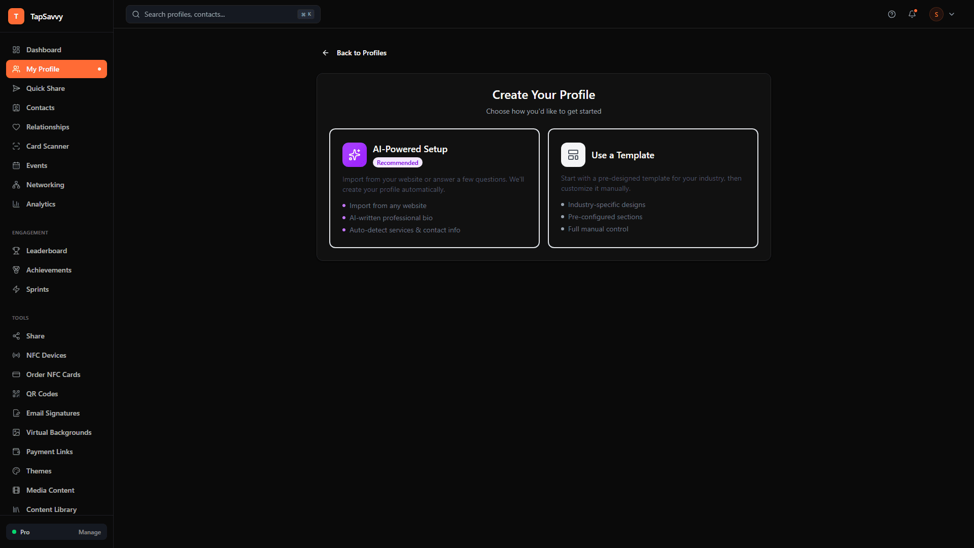 TapSavvy AI Profile Generator showing AI-Powered Setup and Template options