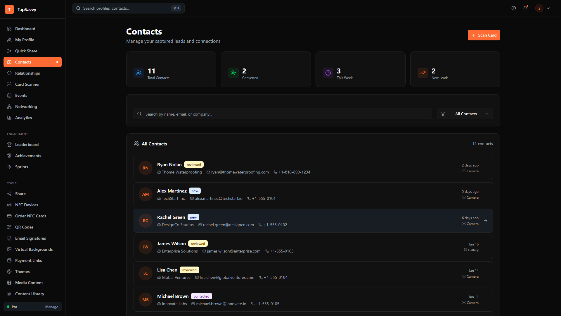 TapSavvy Contacts showing captured leads with source tracking and review status