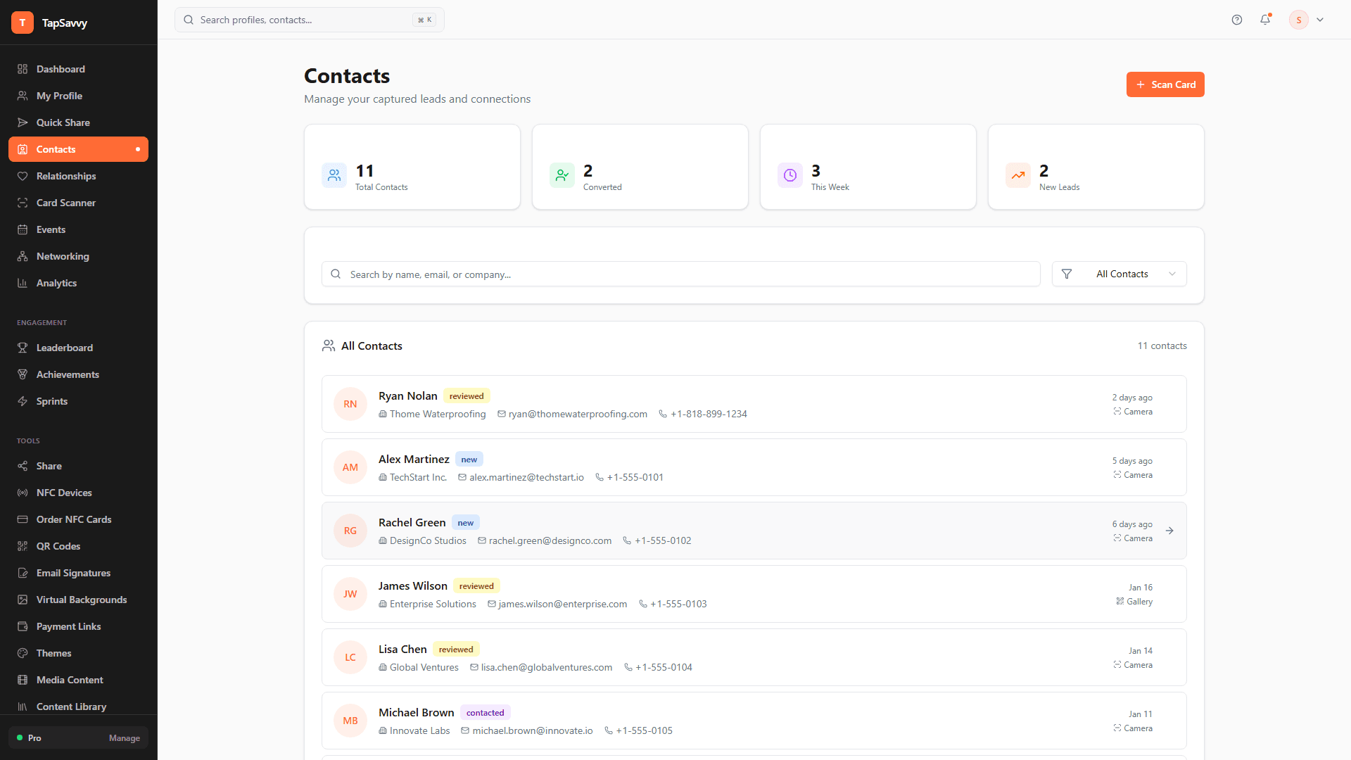 TapSavvy Contacts showing captured leads with source tracking and review status