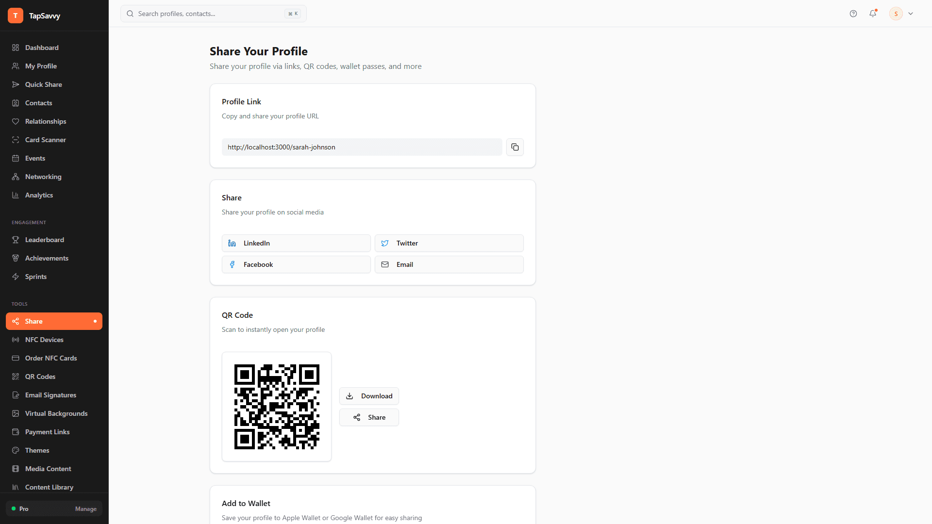 TapSavvy Share Profile page with QR code, social sharing, and Wallet pass options