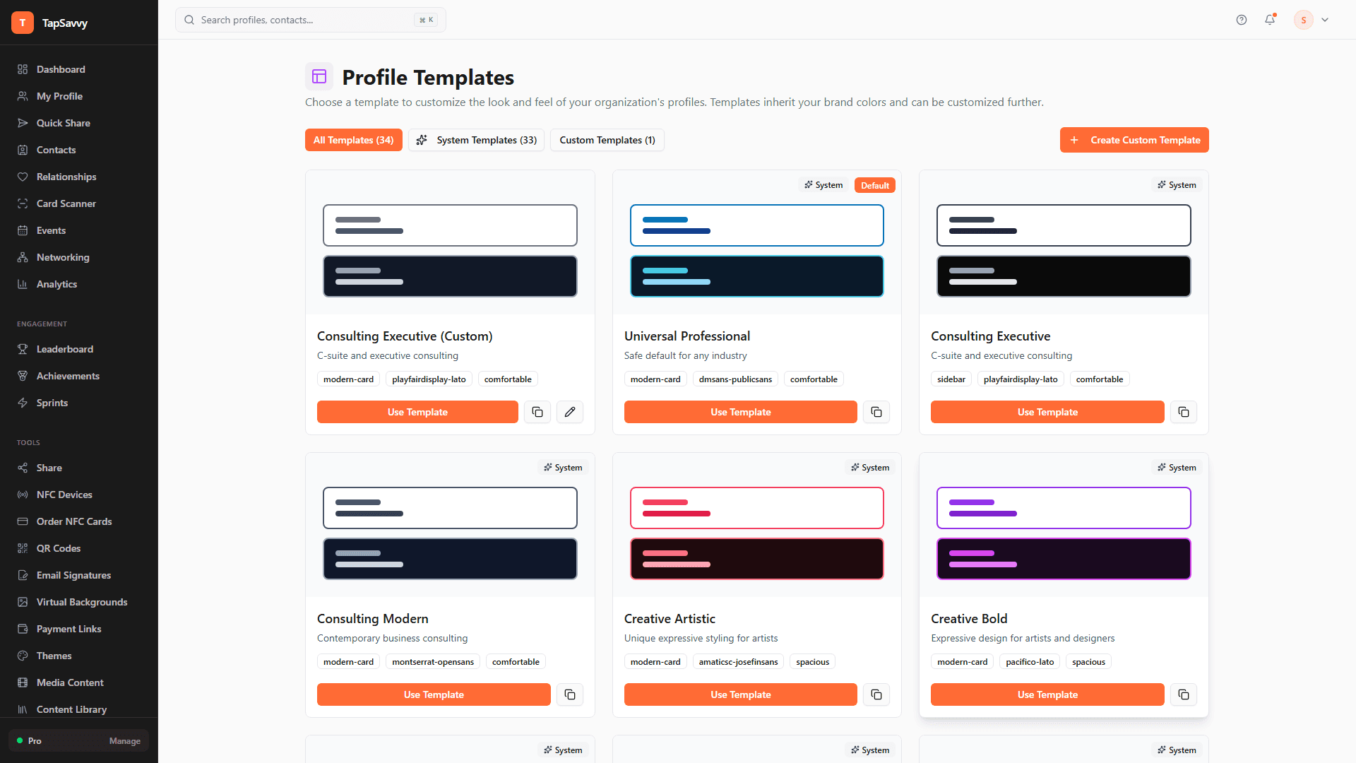 TapSavvy template builder showing role-based profile templates with pre-configured sections